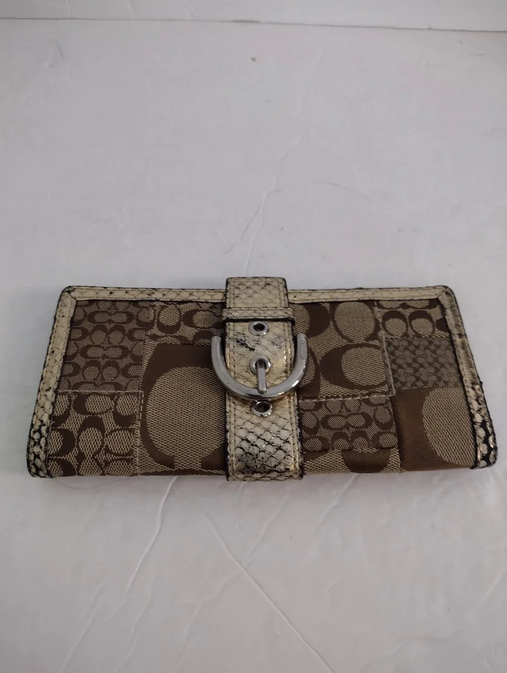 Vintage Y2K Coach Soho Signature Patchwork Snakeskin Wallet Gold Khaki Rare